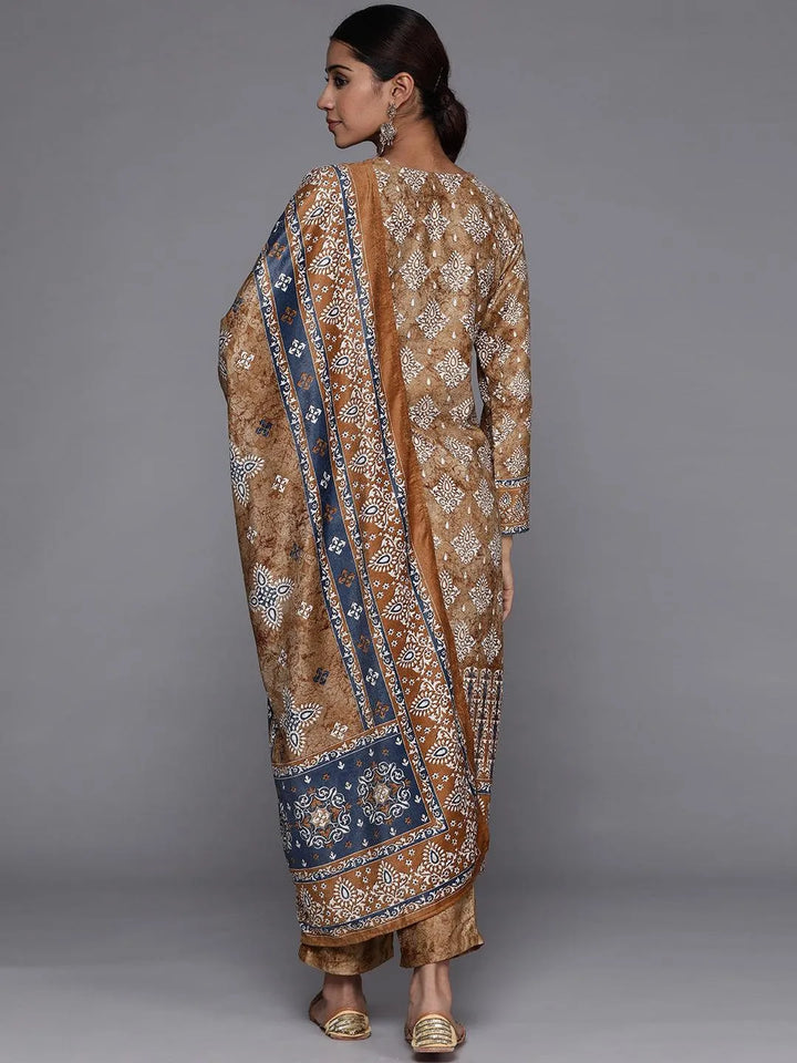 Mustard Printed Velvet Straight Suit Set With Trousers - Libas