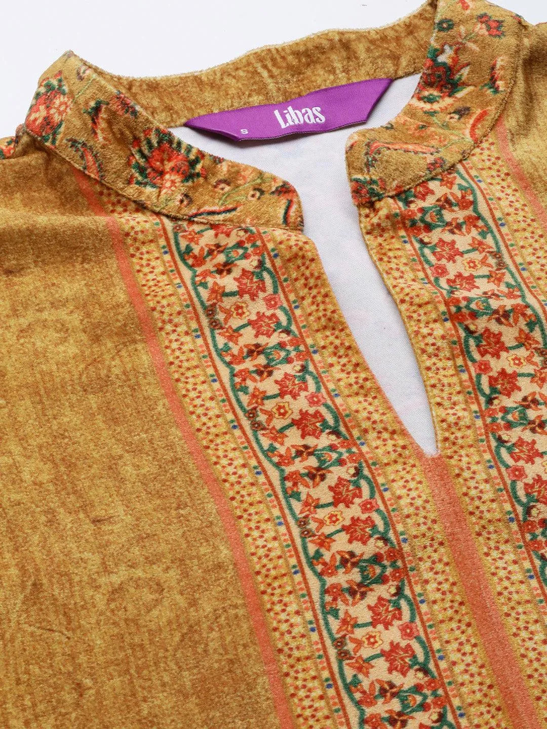 Mustard Printed Velvet Straight Suit Set With Trousers - Libas 