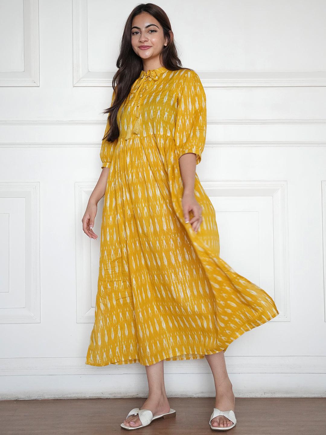 Mustard Self Design Cotton Fit and Flare Dress - Libas