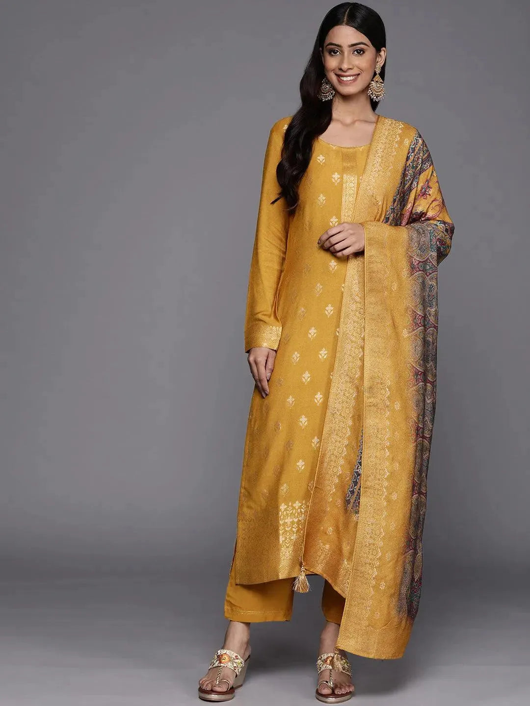 

Mustard Self Design Pashmina Wool Straight Kurta With Dupatta