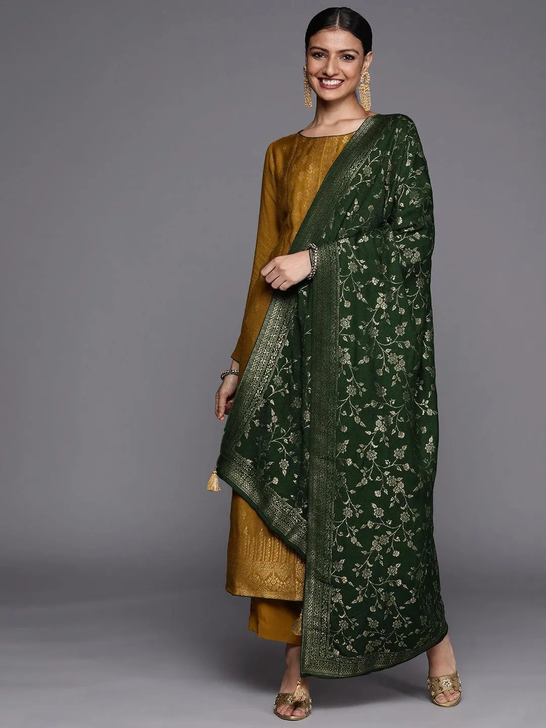 Mustard Self Design Pashmina Wool Straight Suit Set - Libas