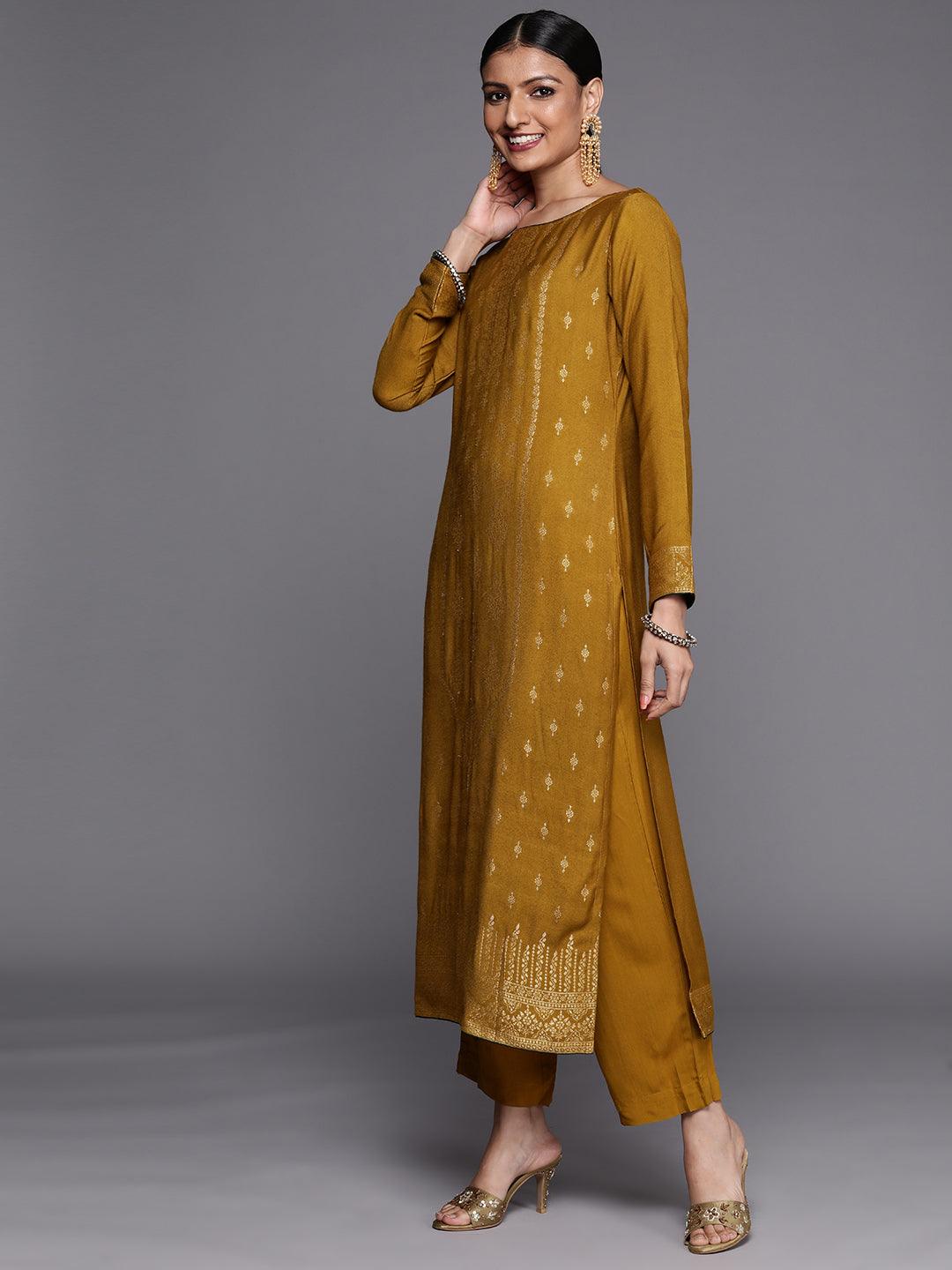 Mustard Self Design Pashmina Wool Straight Kurta With Dupatta