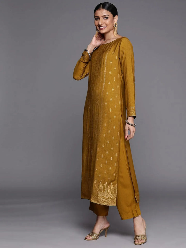 Mustard Self Design Pashmina Wool Straight Suit Set - Libas