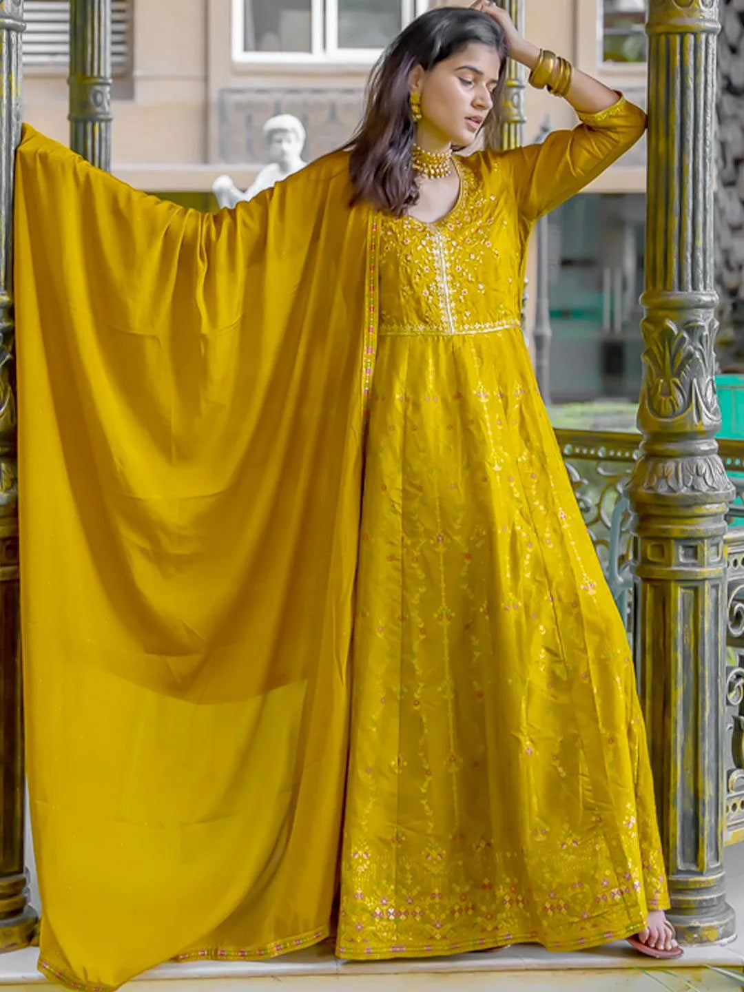 Mustard Self Design Silk Anarkali Suit Set - Libas 