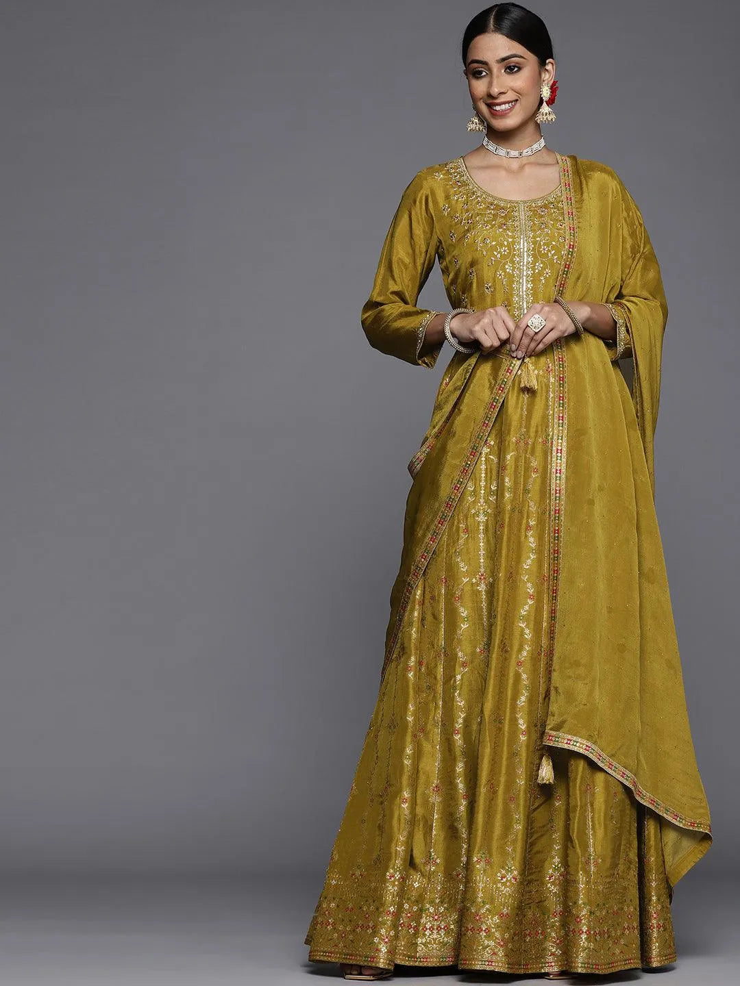 Mustard Self Design Silk Anarkali Suit Set - Libas 