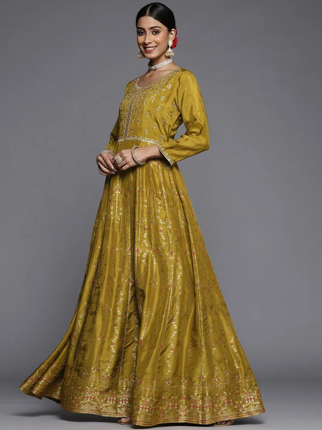 Mustard Self Design Silk Anarkali Suit Set - Libas 