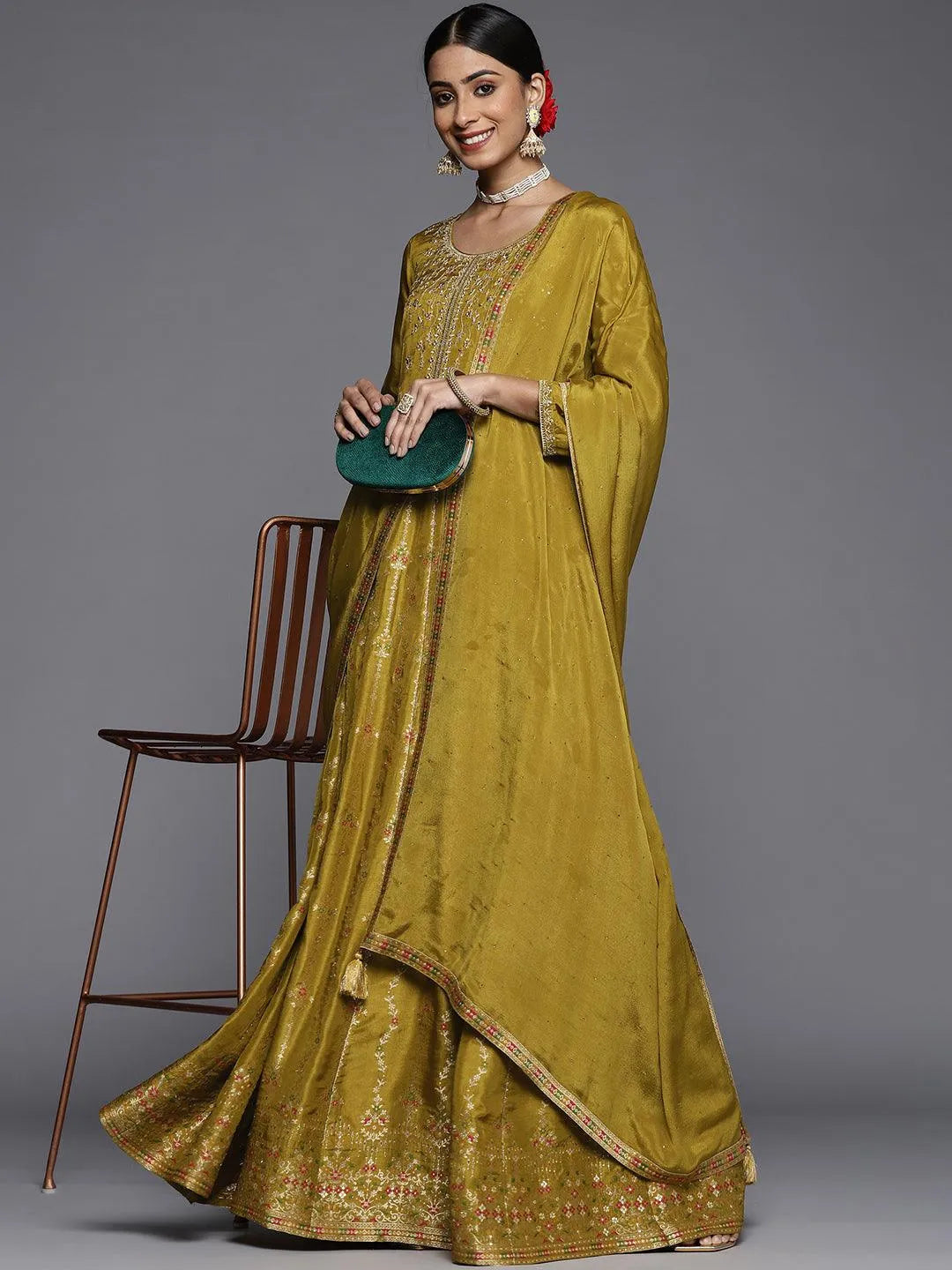 Mustard Self Design Silk Anarkali Suit Set - Libas 