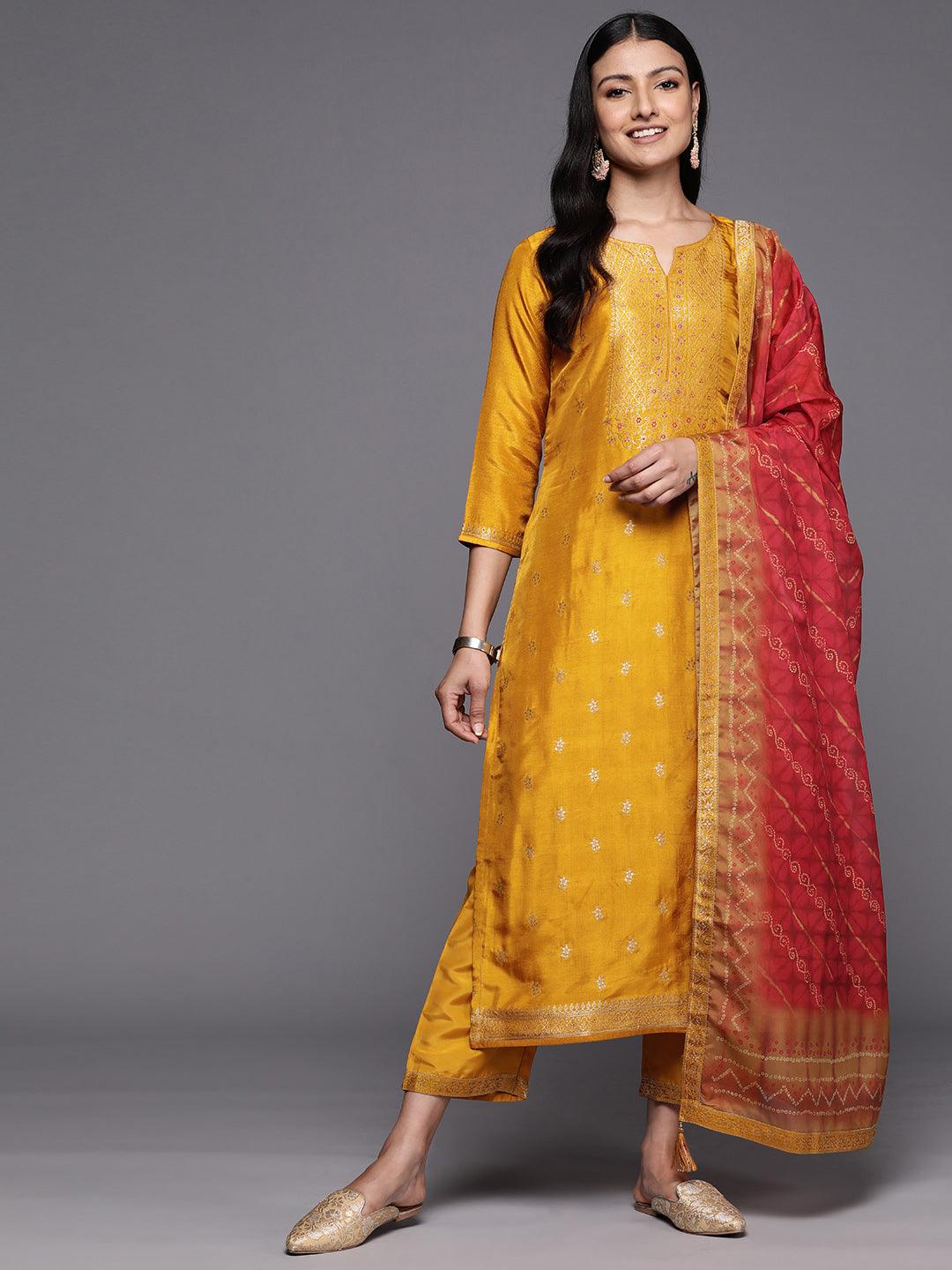 Mustard Self Design Silk Blend Straight Suit Set With Trousers - Libas 