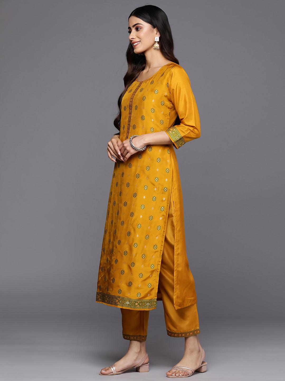 Mustard Self Design Silk Blend Straight Suit Set With Trousers - Libas 