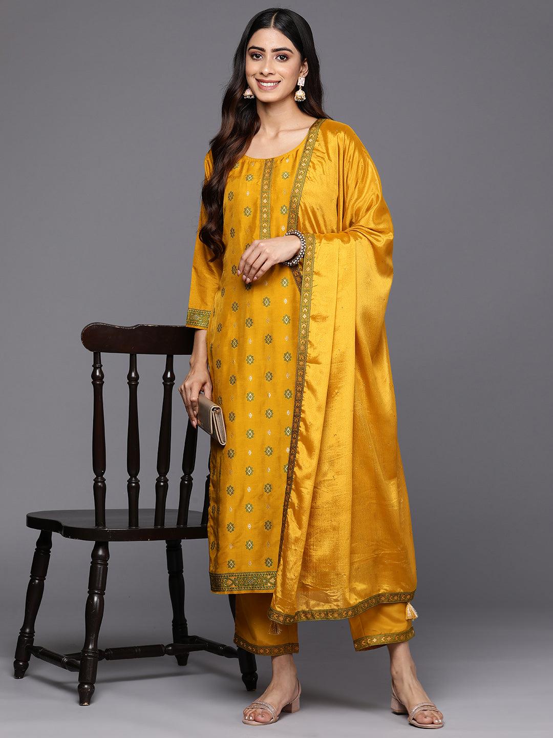 Mustard Self Design Silk Blend Straight Suit Set With Trousers - Libas 