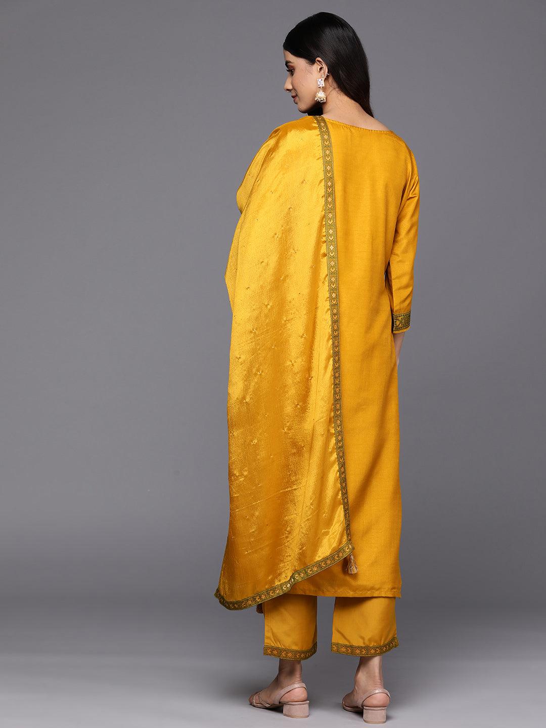 Mustard Self Design Silk Blend Straight Suit Set With Trousers - Libas