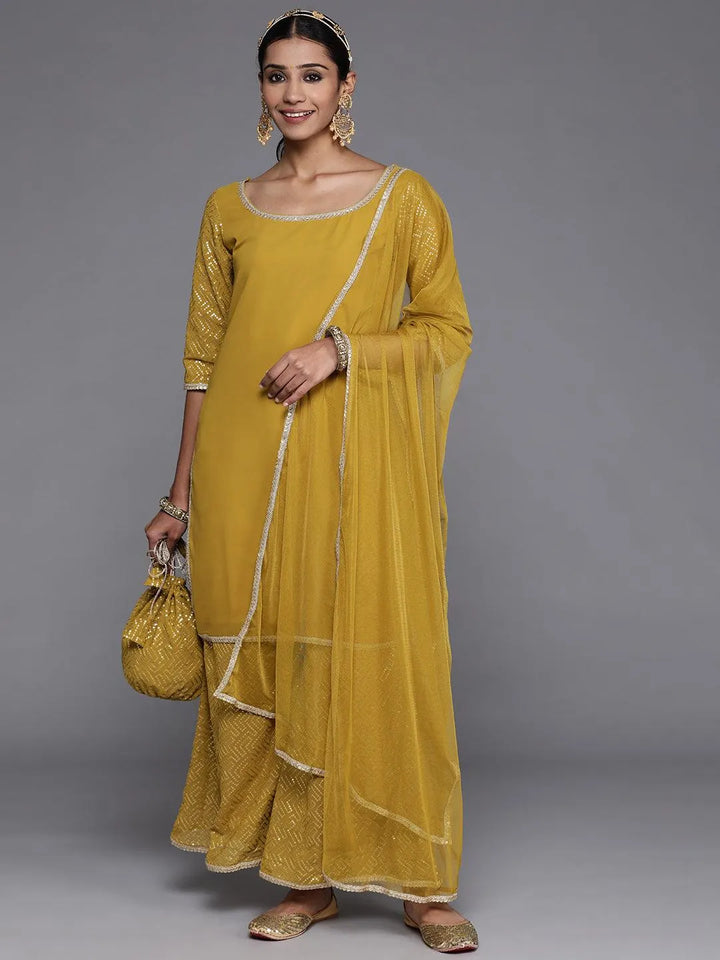 Mustard Solid Georgette Straight Suit Set With Palazzos - Libas