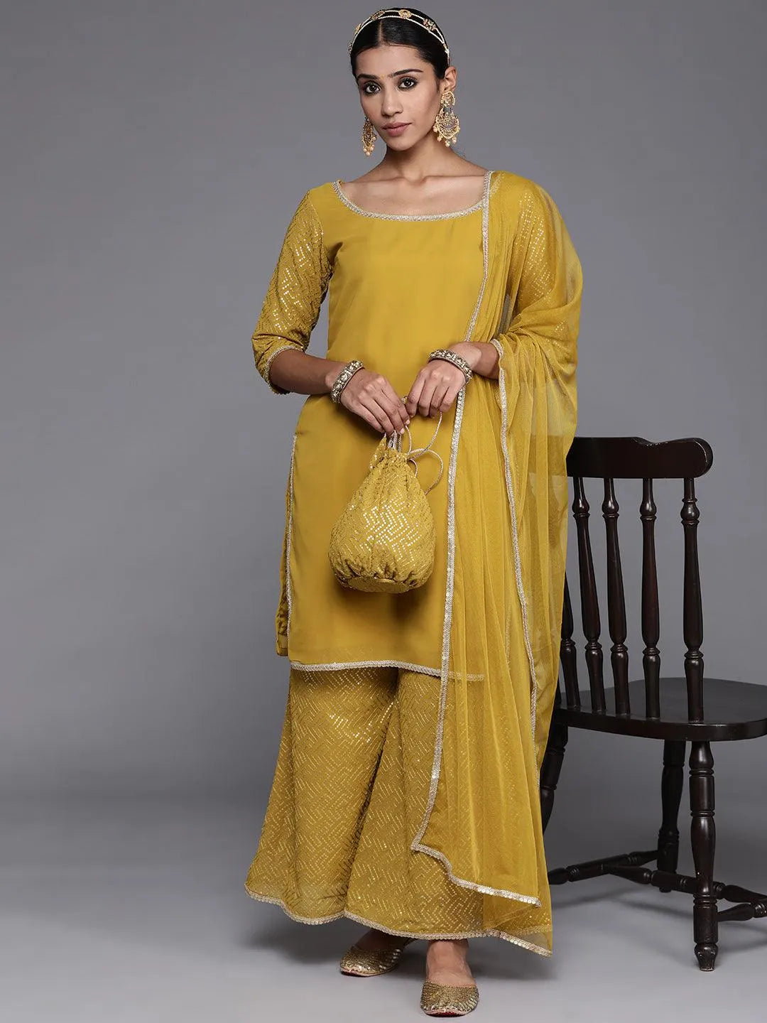 Mustard Solid Georgette Straight Suit Set With Palazzos - Libas 