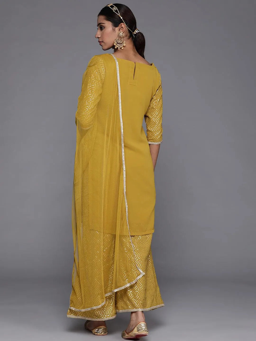 Mustard Solid Georgette Straight Suit Set With Palazzos - Libas 