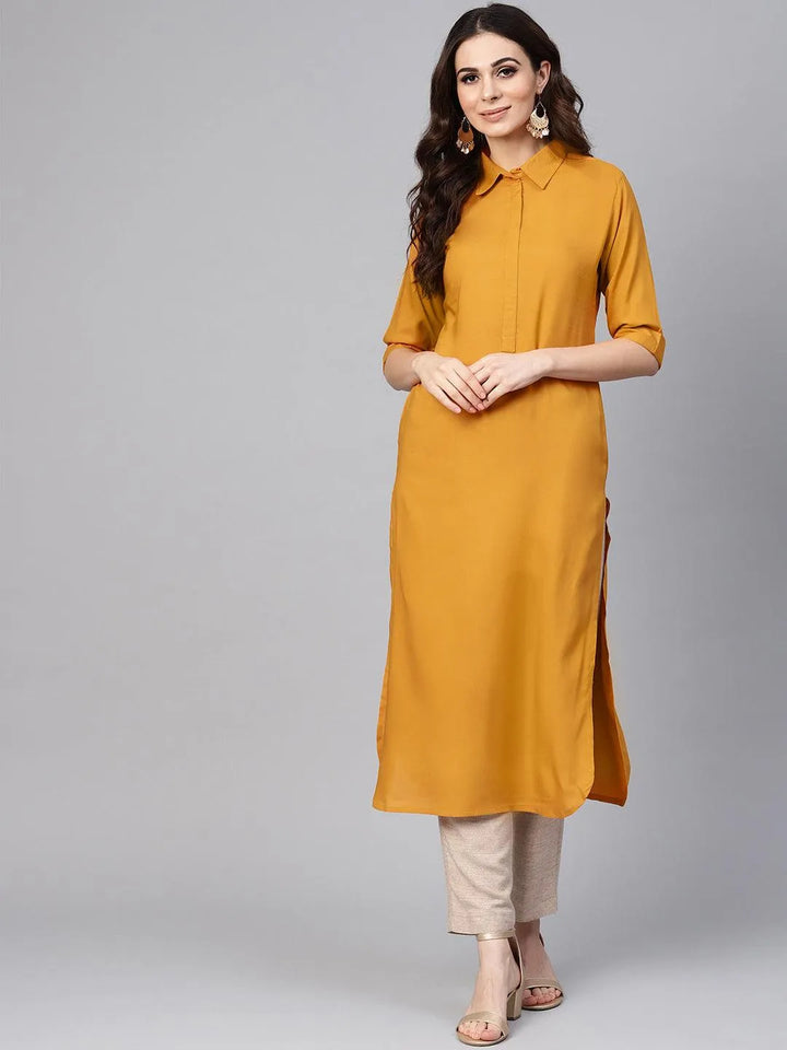 Mustard Solid Rayon Kurta - Libas