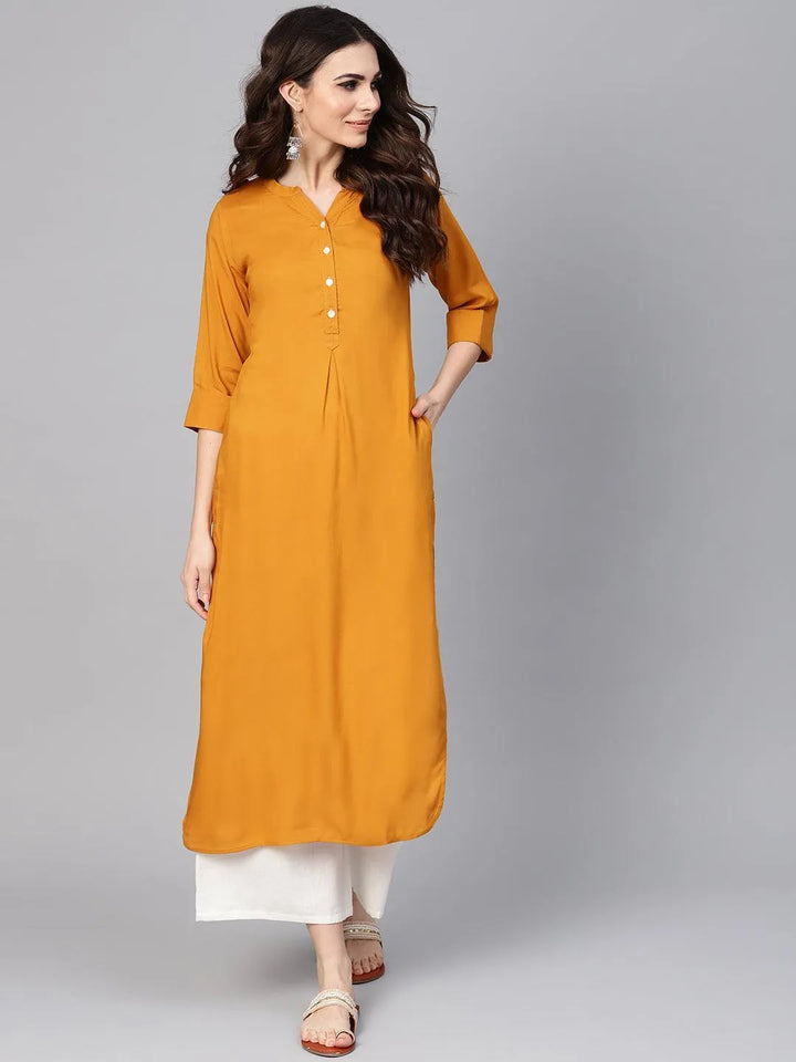 Mustard Solid Rayon Kurta - Libas