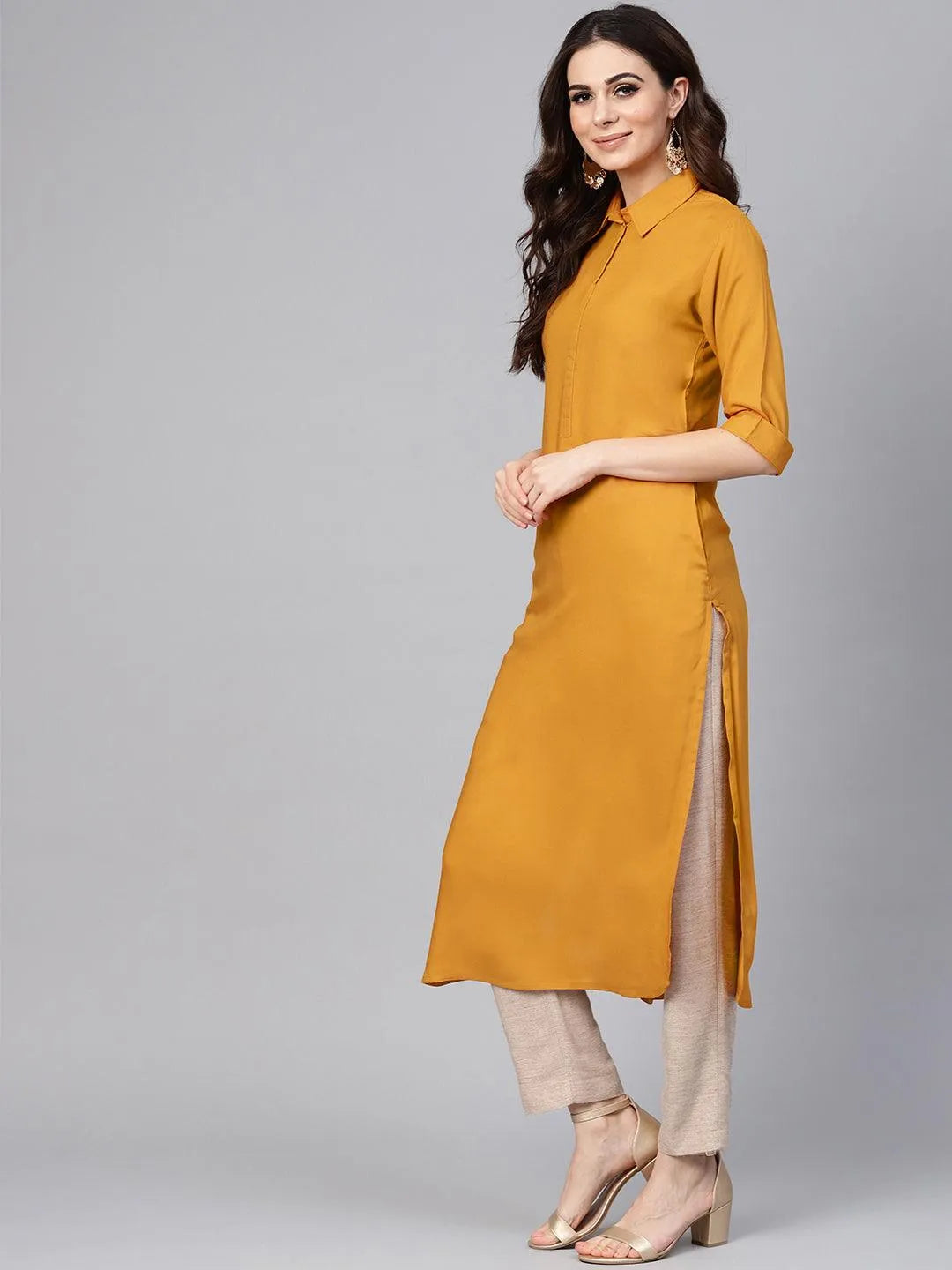 Mustard Solid Rayon Kurta - Libas