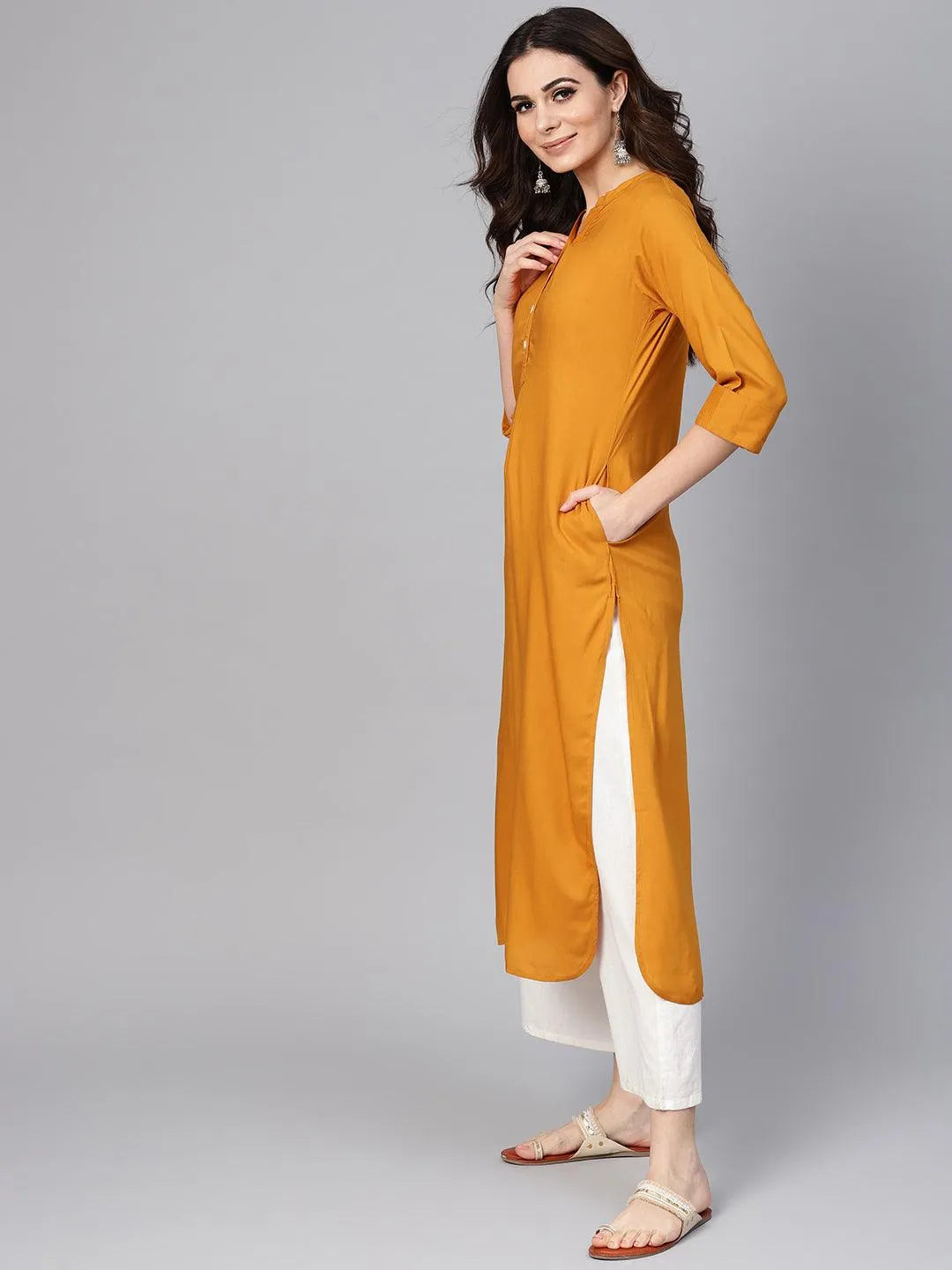 Mustard Solid Rayon Kurta - Libas