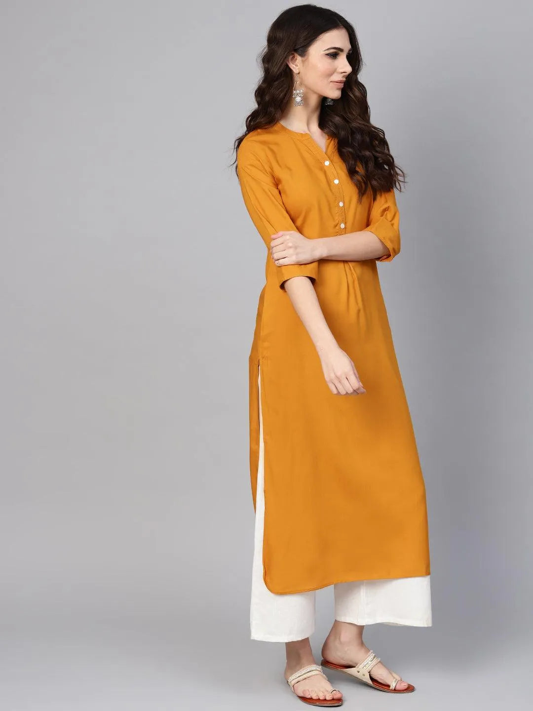 Mustard Solid Rayon Kurta - Libas