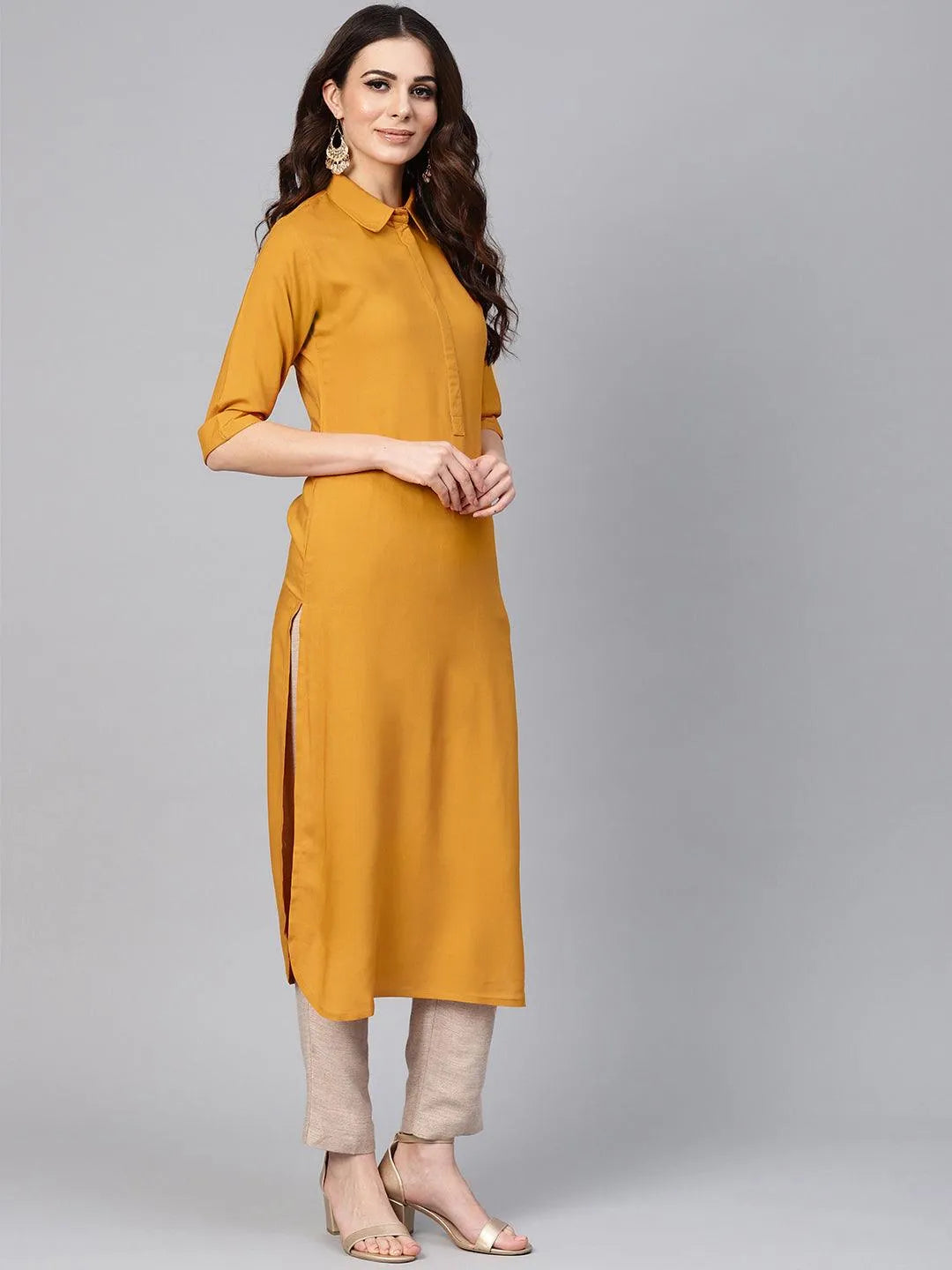 Mustard Solid Rayon Kurta - Libas