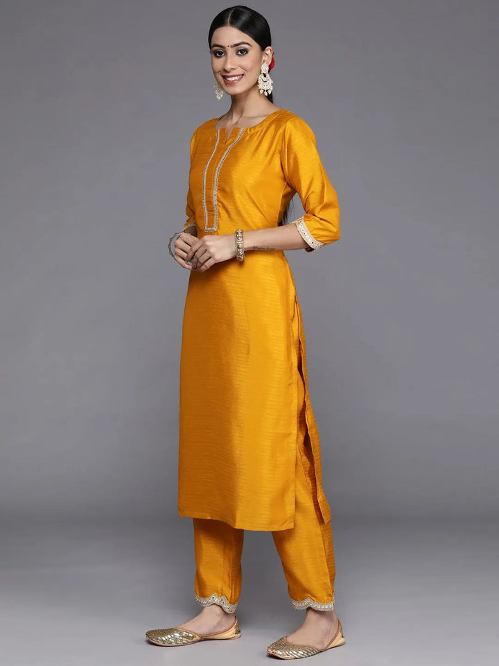 Mustard Solid Silk Blend Straight Suit Set With Trousers - Libas