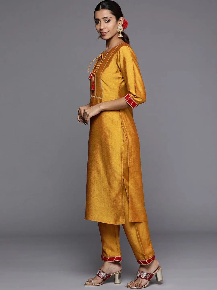 Mustard Solid Silk Blend Straight Suit Set - Libas