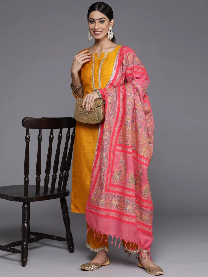 Mustard Solid Silk Blend Straight Suit Set With Trousers - Libas