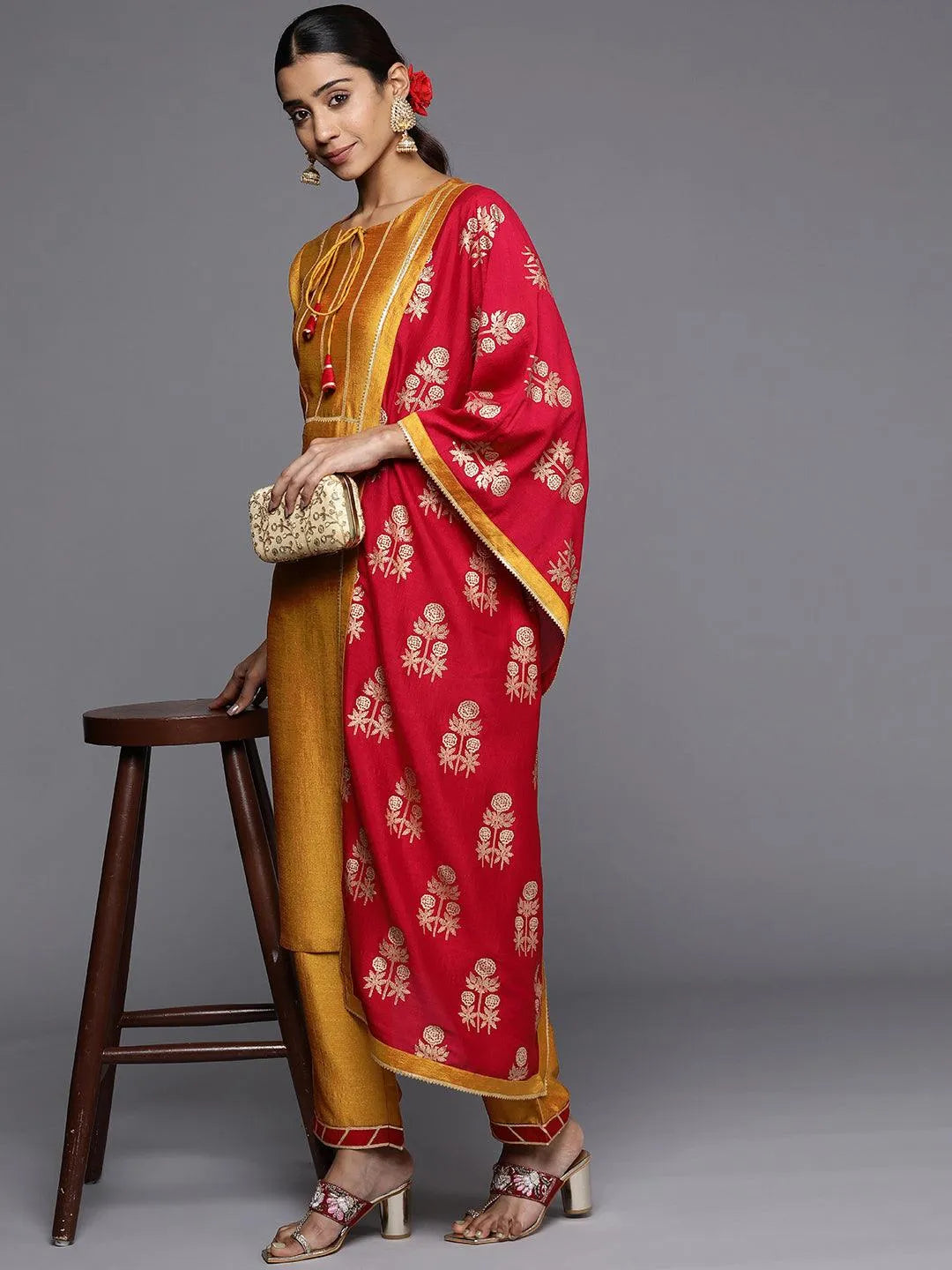 Mustard Solid Silk Blend Straight Suit Set - Libas