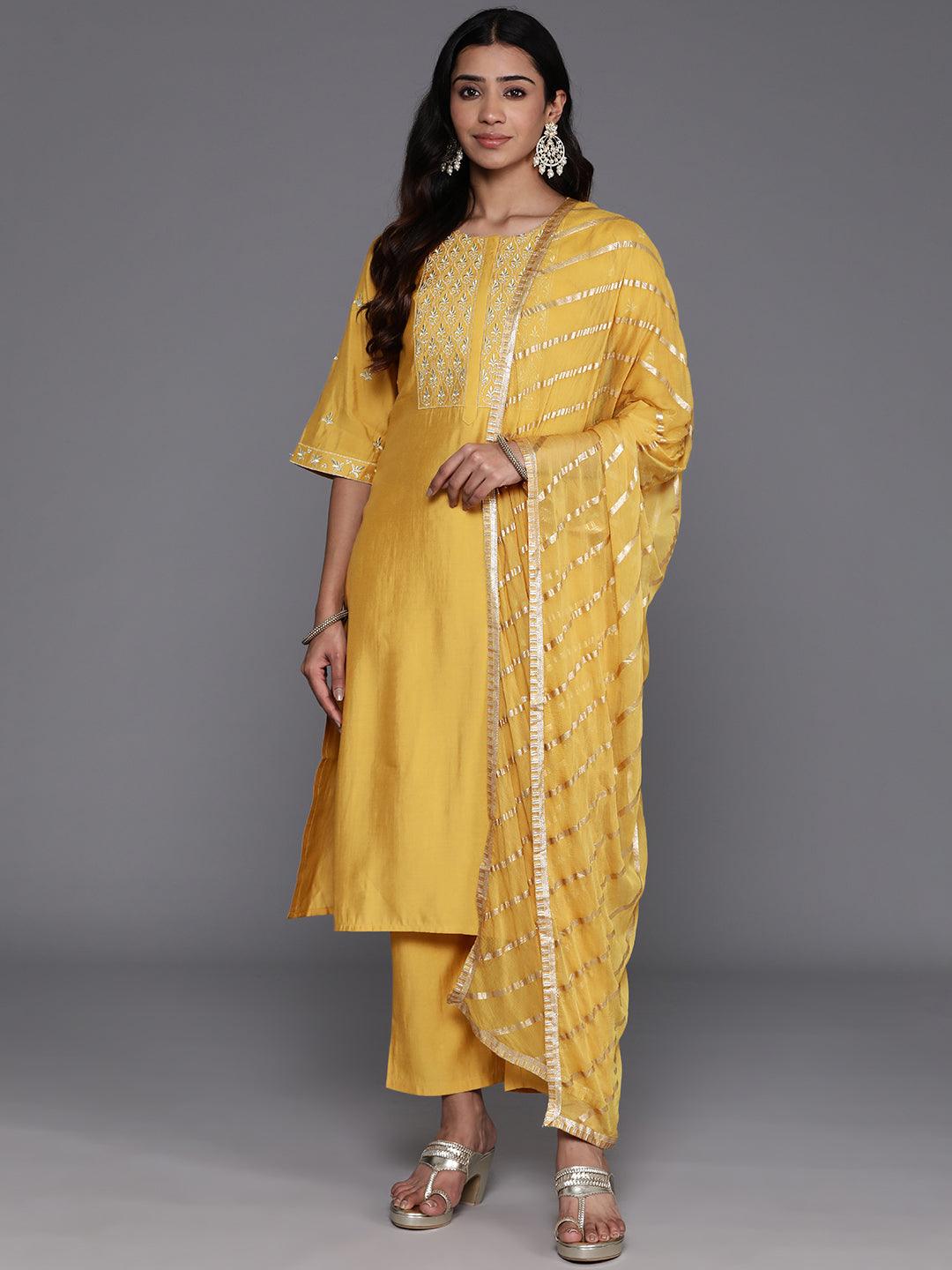 Mustard Solid Silk Blend Straight Kurta With Trousers & Dupatta - Libas 