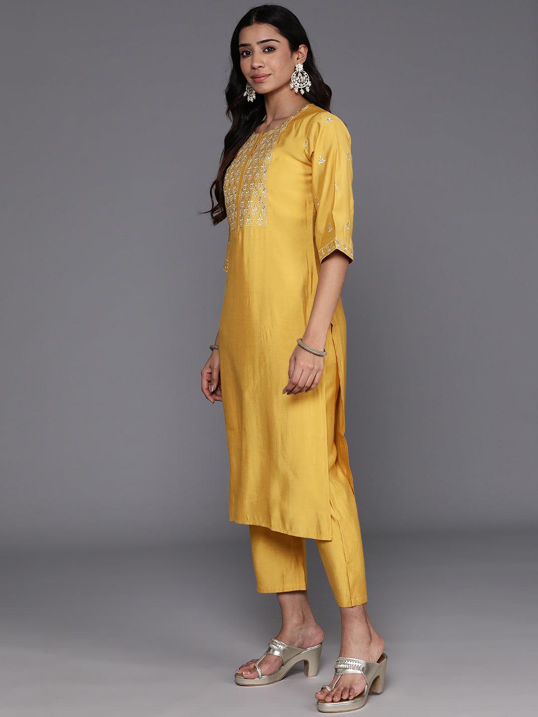 Mustard Solid Silk Blend Straight Kurta With Trousers & Dupatta - Libas 