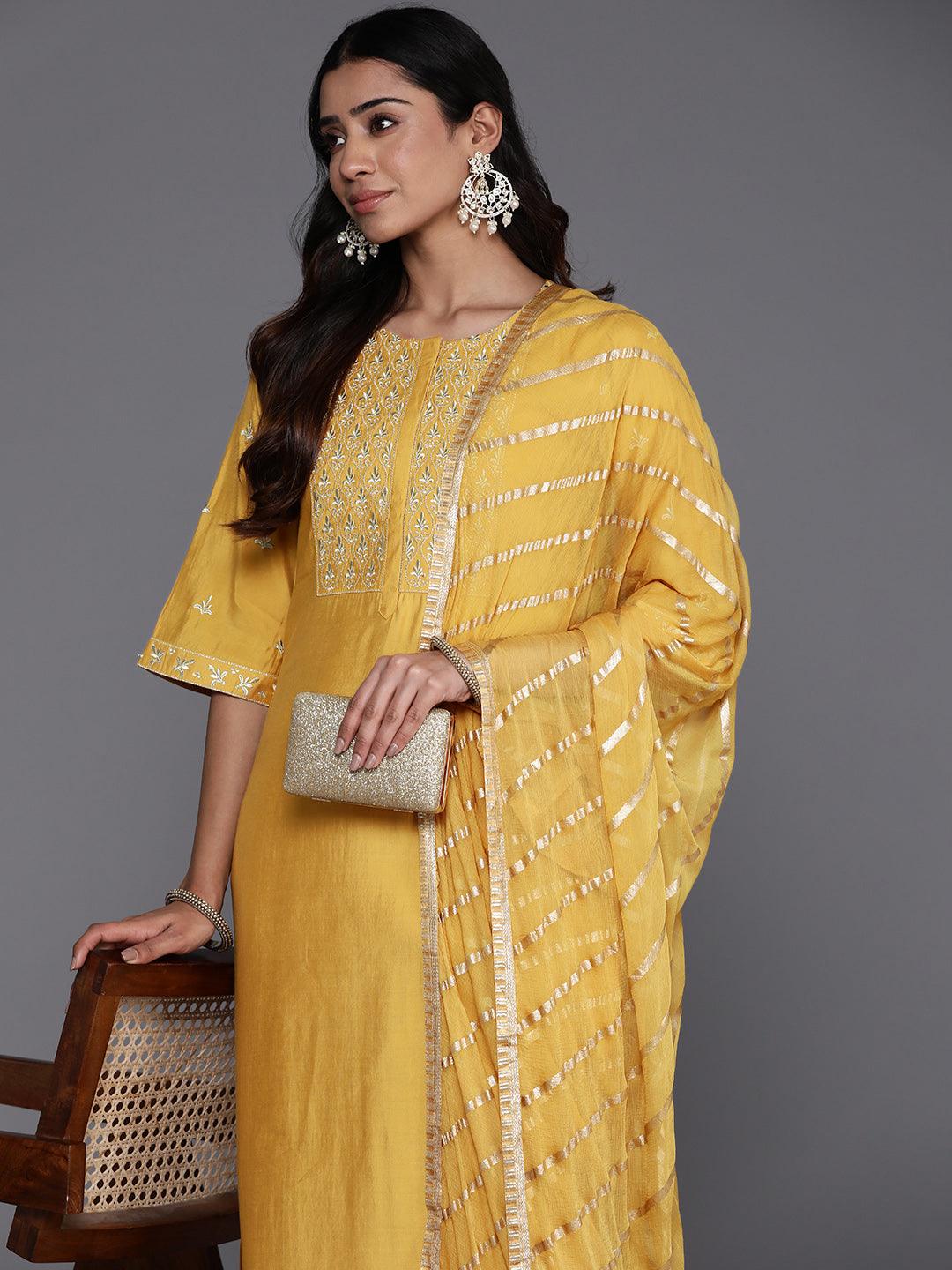 Mustard Solid Silk Blend Straight Kurta With Trousers & Dupatta - Libas 