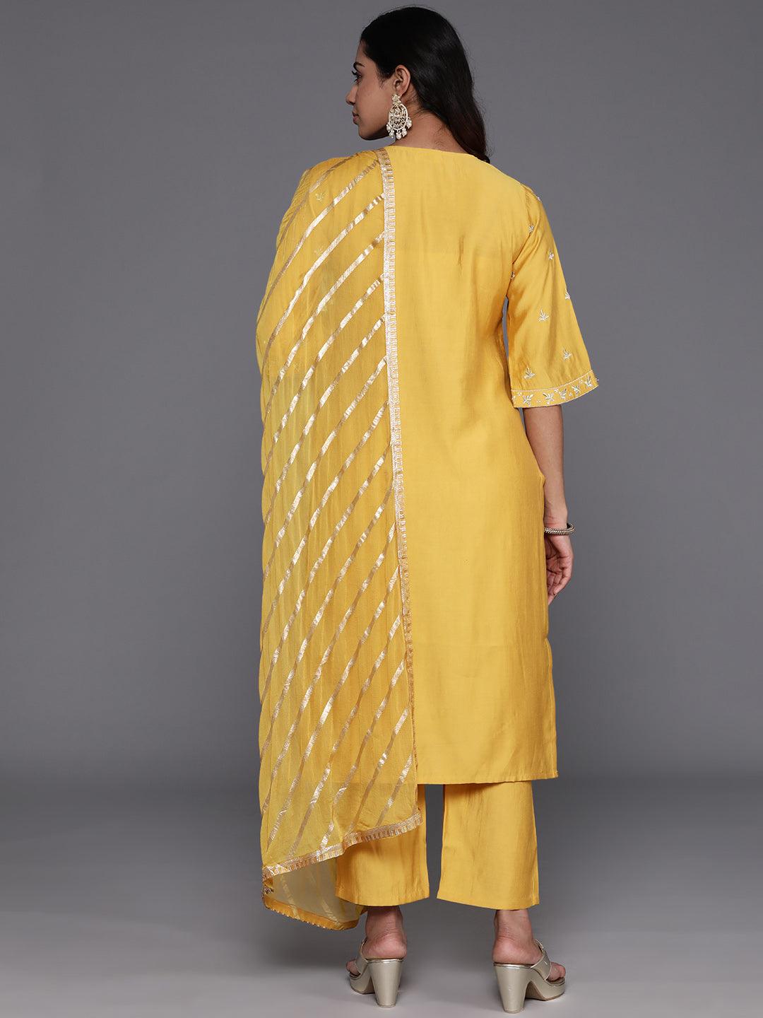 Mustard Solid Silk Blend Straight Kurta With Trousers & Dupatta - Libas 