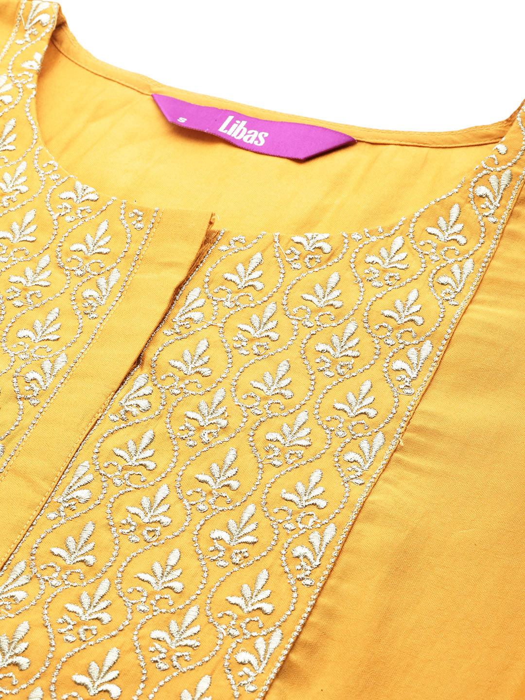 Mustard Solid Silk Blend Straight Kurta With Trousers & Dupatta - Libas 