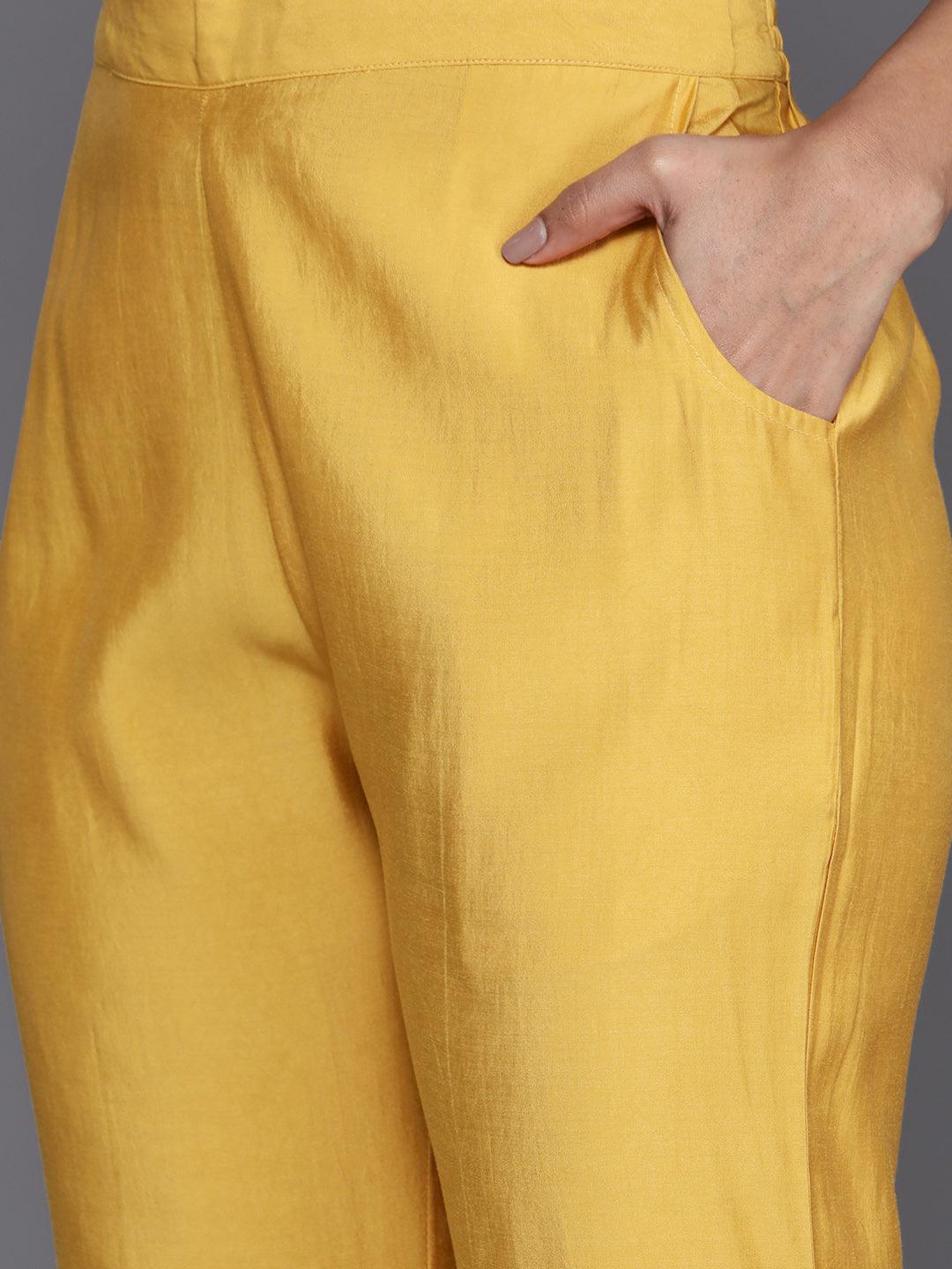 Mustard Solid Silk Blend Straight Kurta With Trousers & Dupatta - Libas 