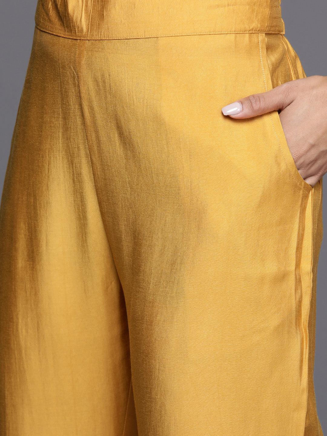 Mustard Solid Silk Blend Straight Kurta With Trousers & Dupatta - Libas