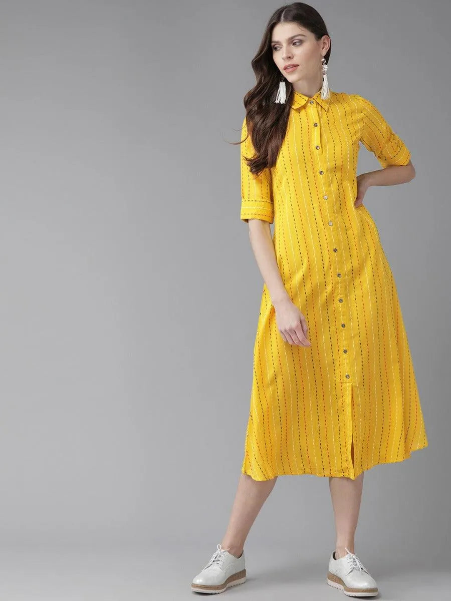 Mustard Striped Cotton Dress - Libas 