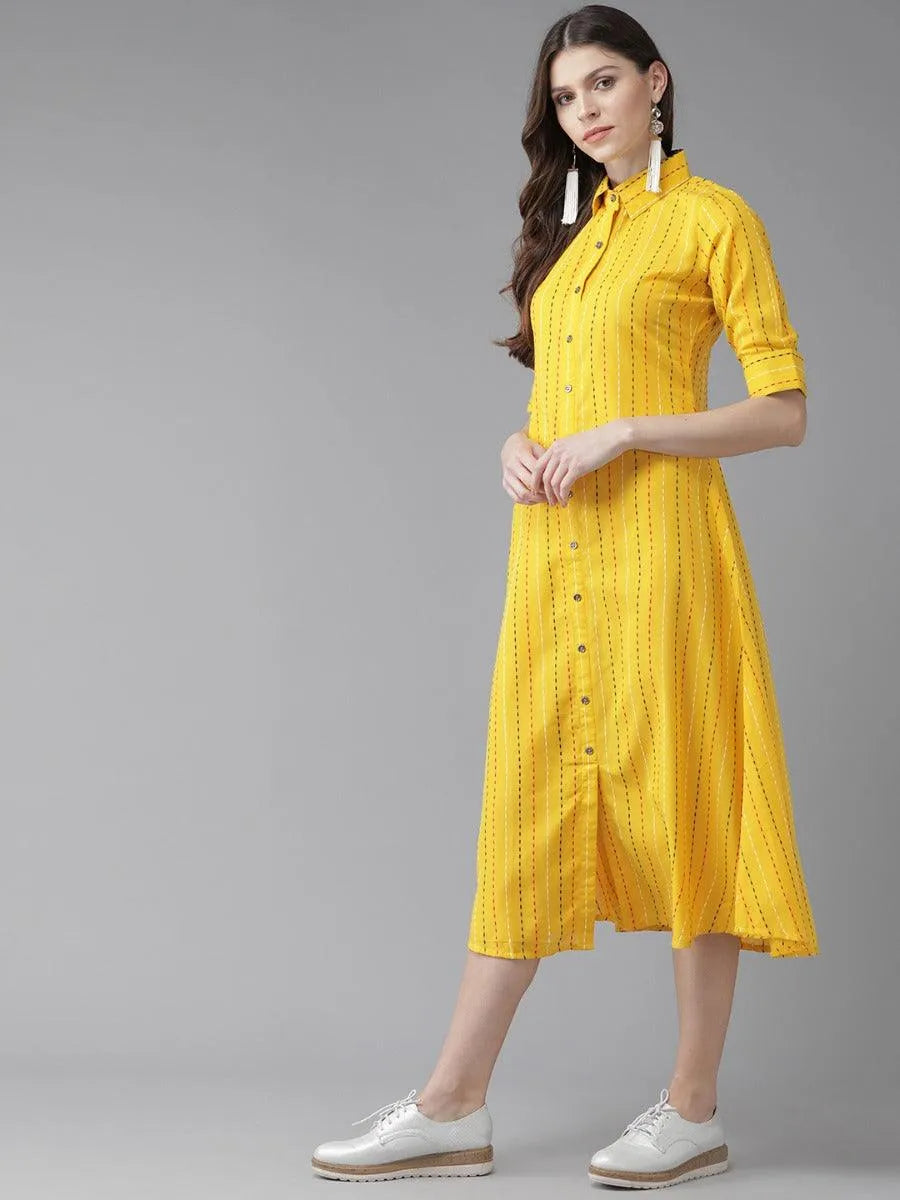 Mustard Striped Cotton Dress - Libas 