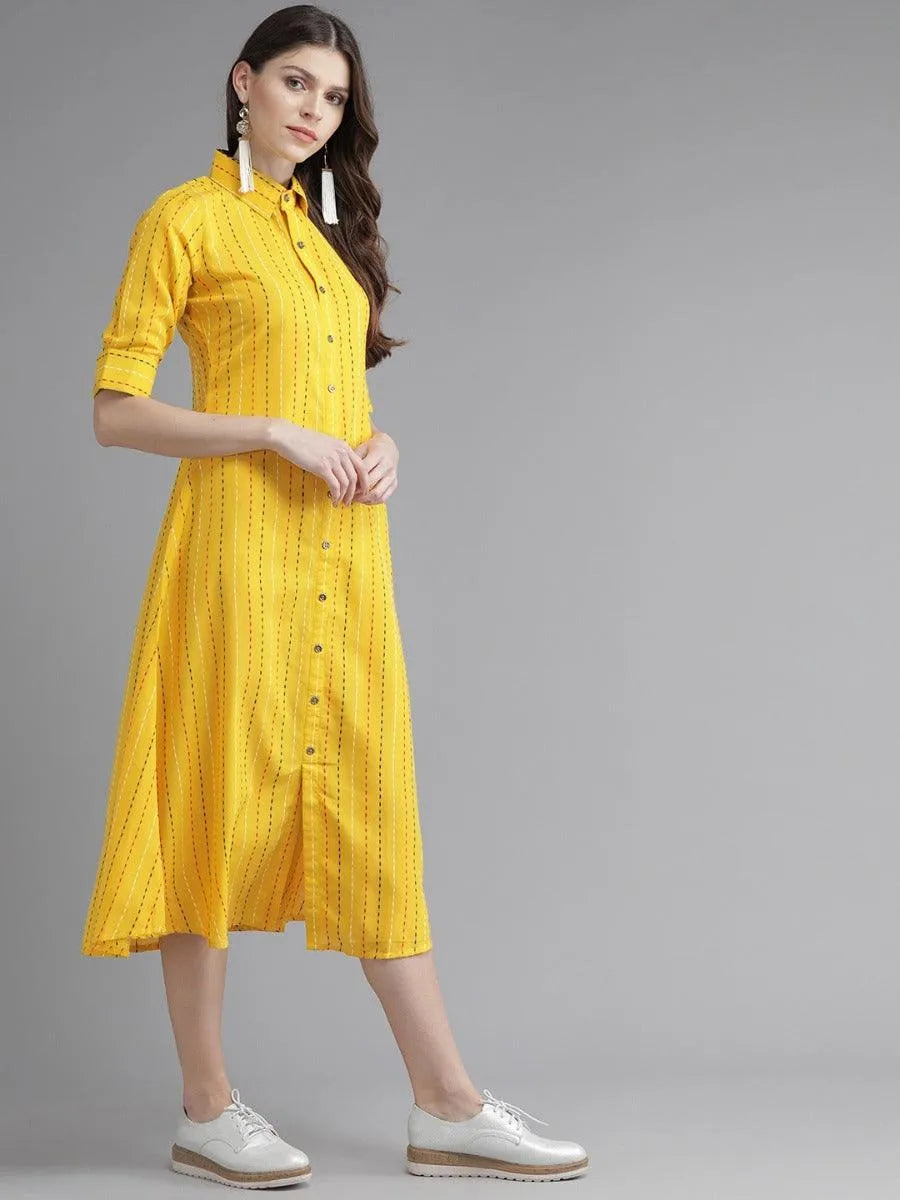 Mustard Striped Cotton Dress - Libas 