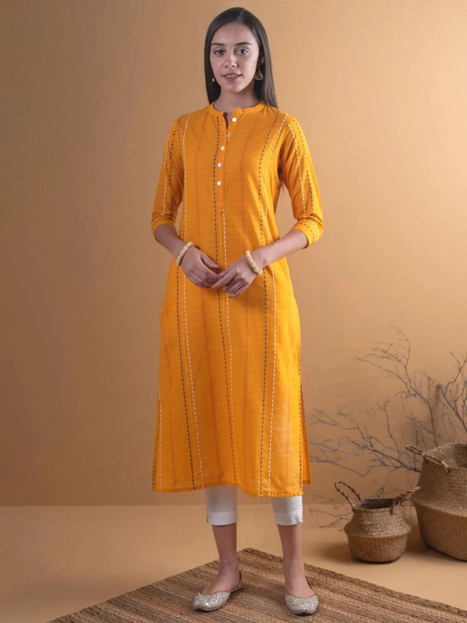 

Buy Mustard Striped Cotton Kurta - 8015MJ- | Libas Ethnic Wear Online