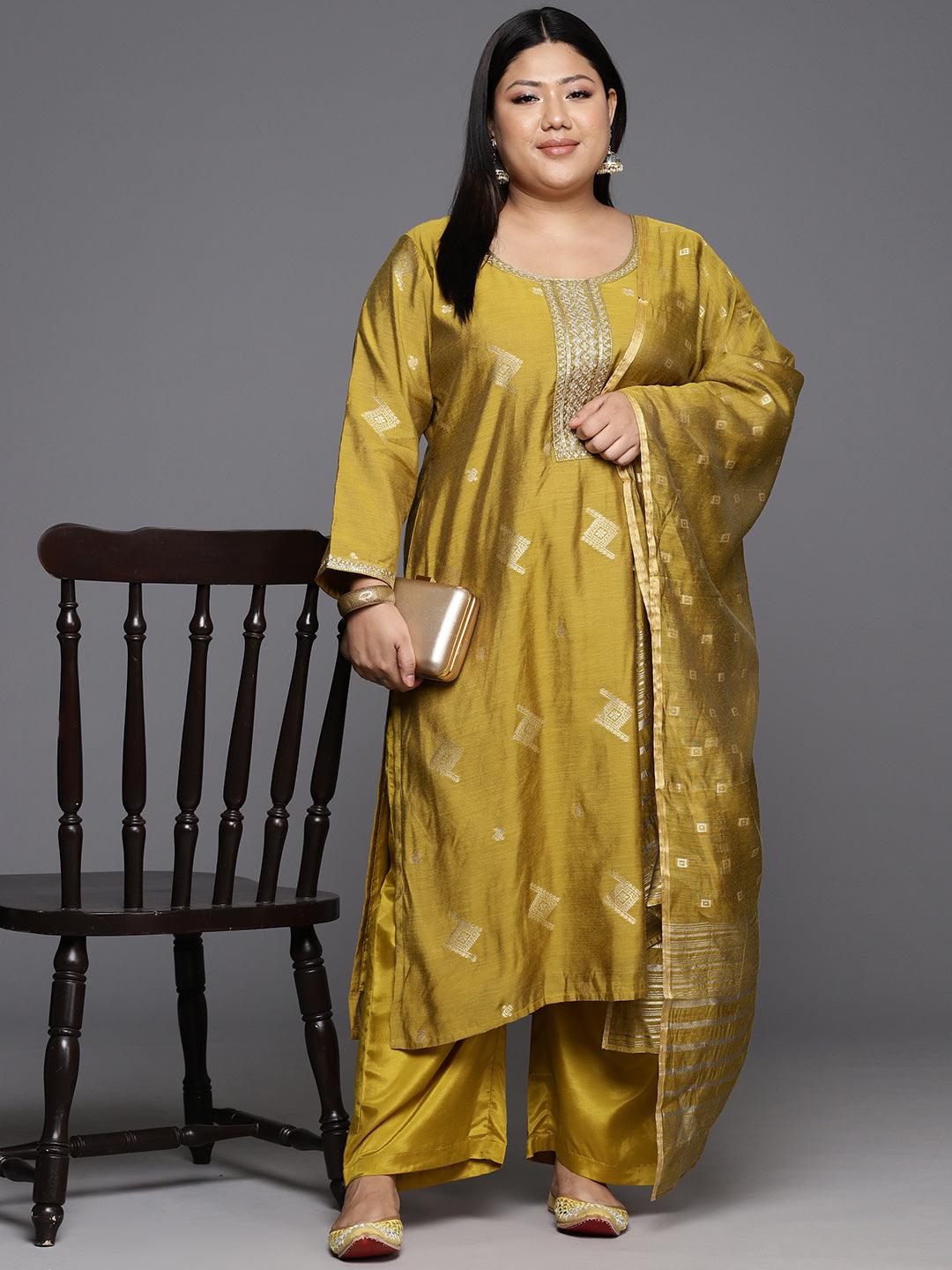 Mustard Woven Design Chanderi Silk Straight Kurta With Trousers & Dupatta - Libas