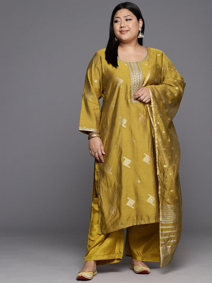 Mustard Woven Design Chanderi Silk Straight Kurta With Trousers & Dupatta - Libas