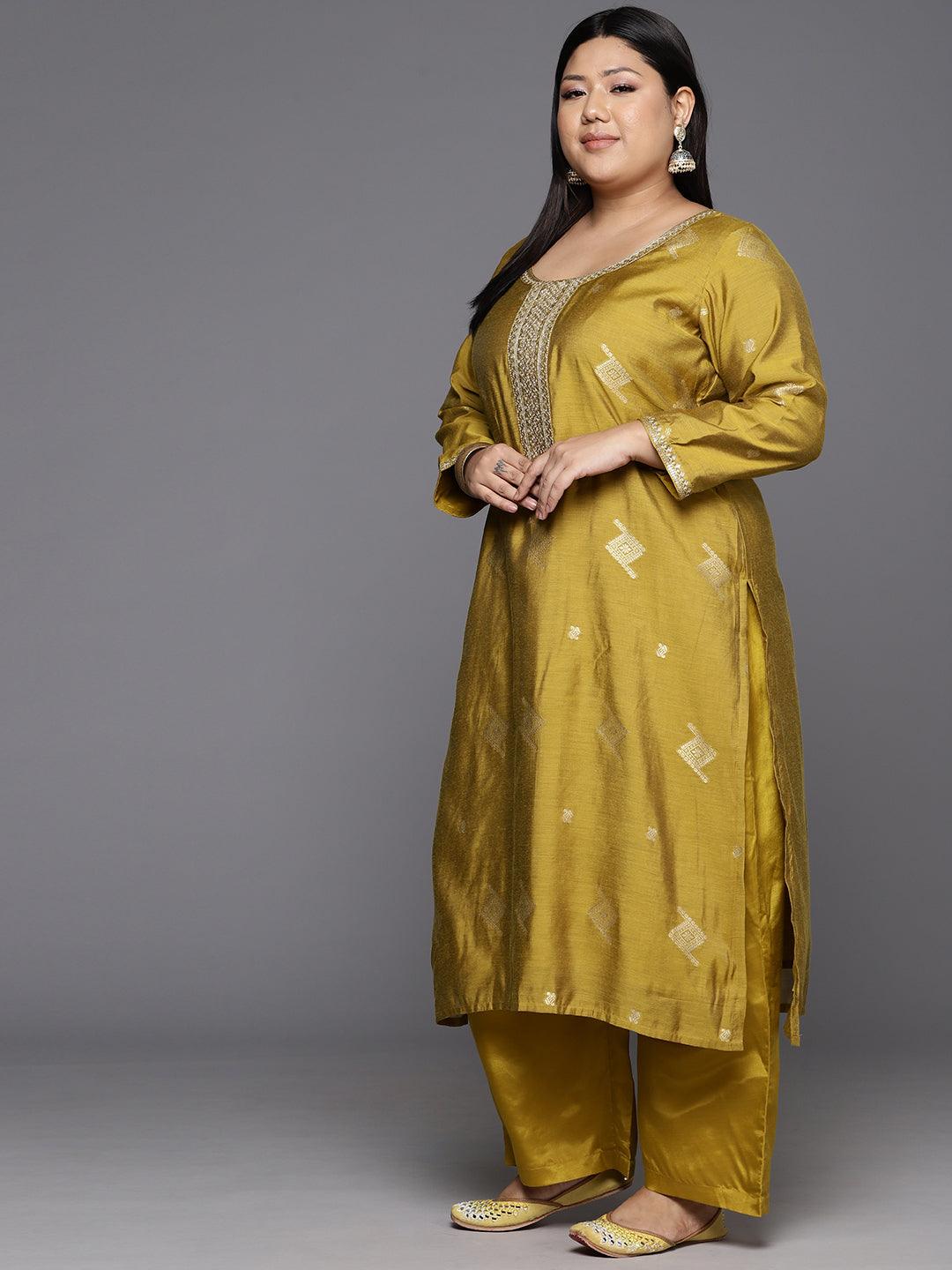 Mustard Woven Design Chanderi Silk Straight Kurta With Trousers & Dupatta - Libas