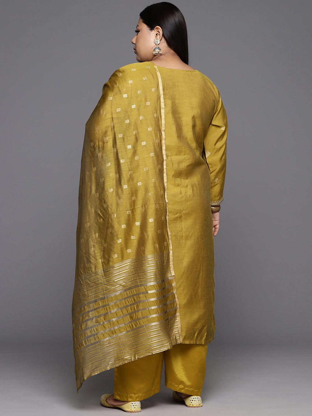 Mustard Woven Design Chanderi Silk Straight Kurta With Trousers & Dupatta - Libas