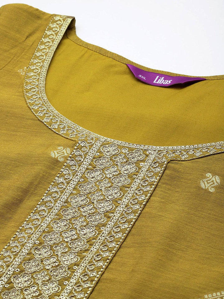 Mustard Woven Design Chanderi Silk Straight Kurta With Trousers & Dupatta - Libas