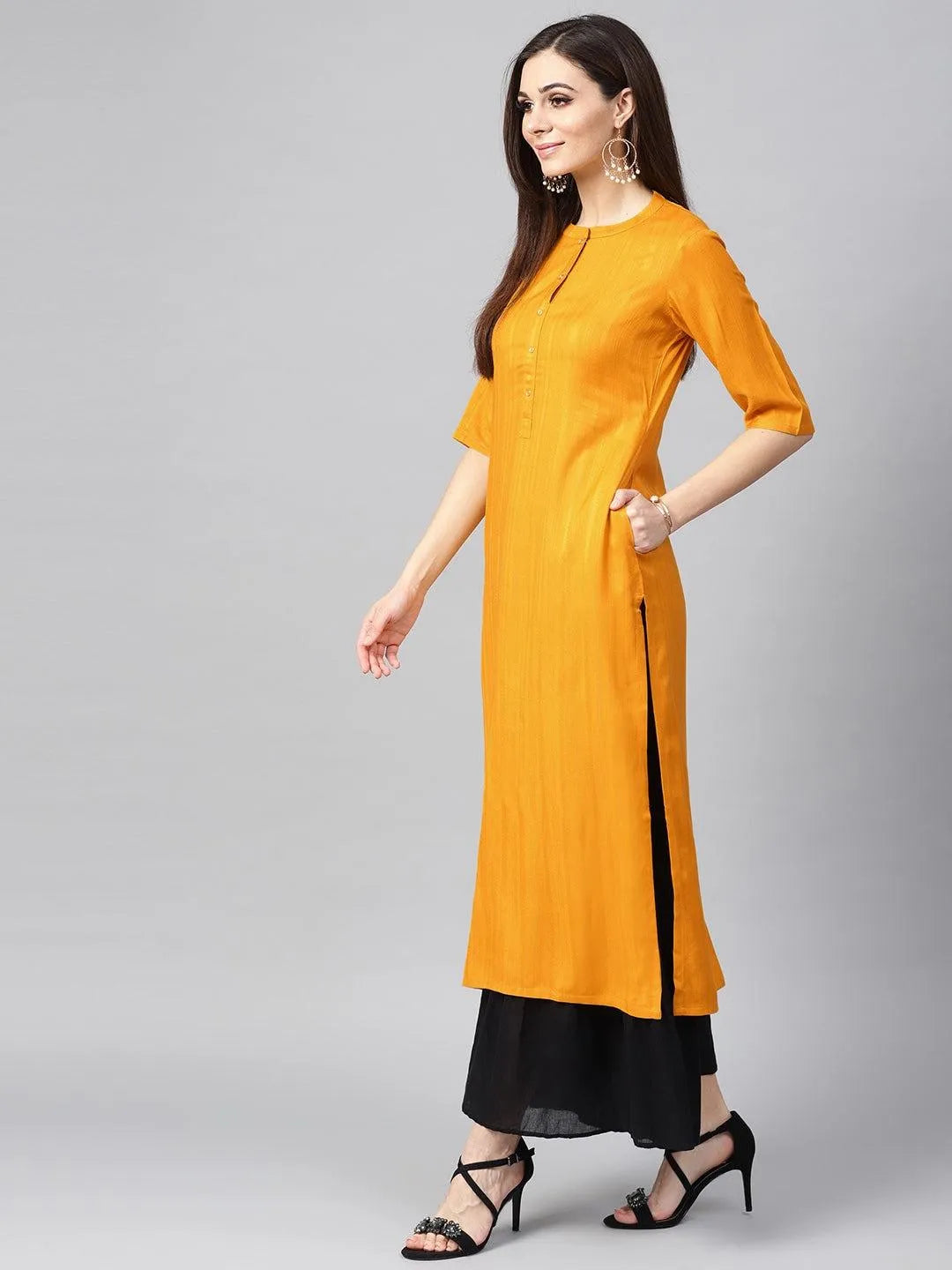 Mustard Woven Design Rayon Kurta - Libas