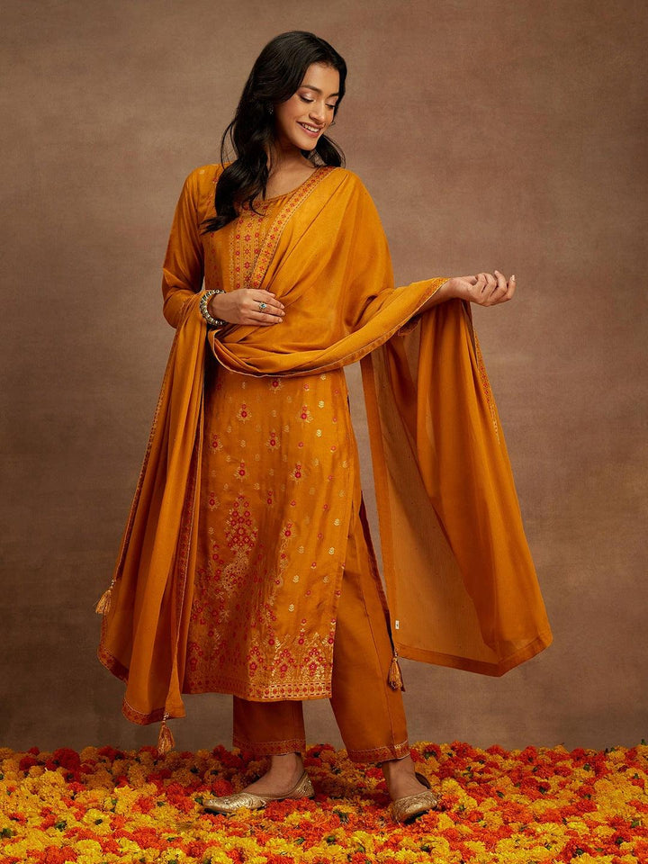 Mustard Woven Design Silk Blend Straight Kurta With Trousers & Dupatta - Libas