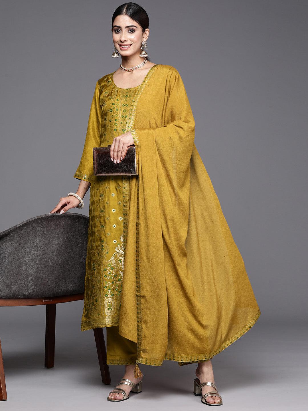 Mustard Woven Design Silk Blend Straight Kurta With Trousers & Dupatta - Libas