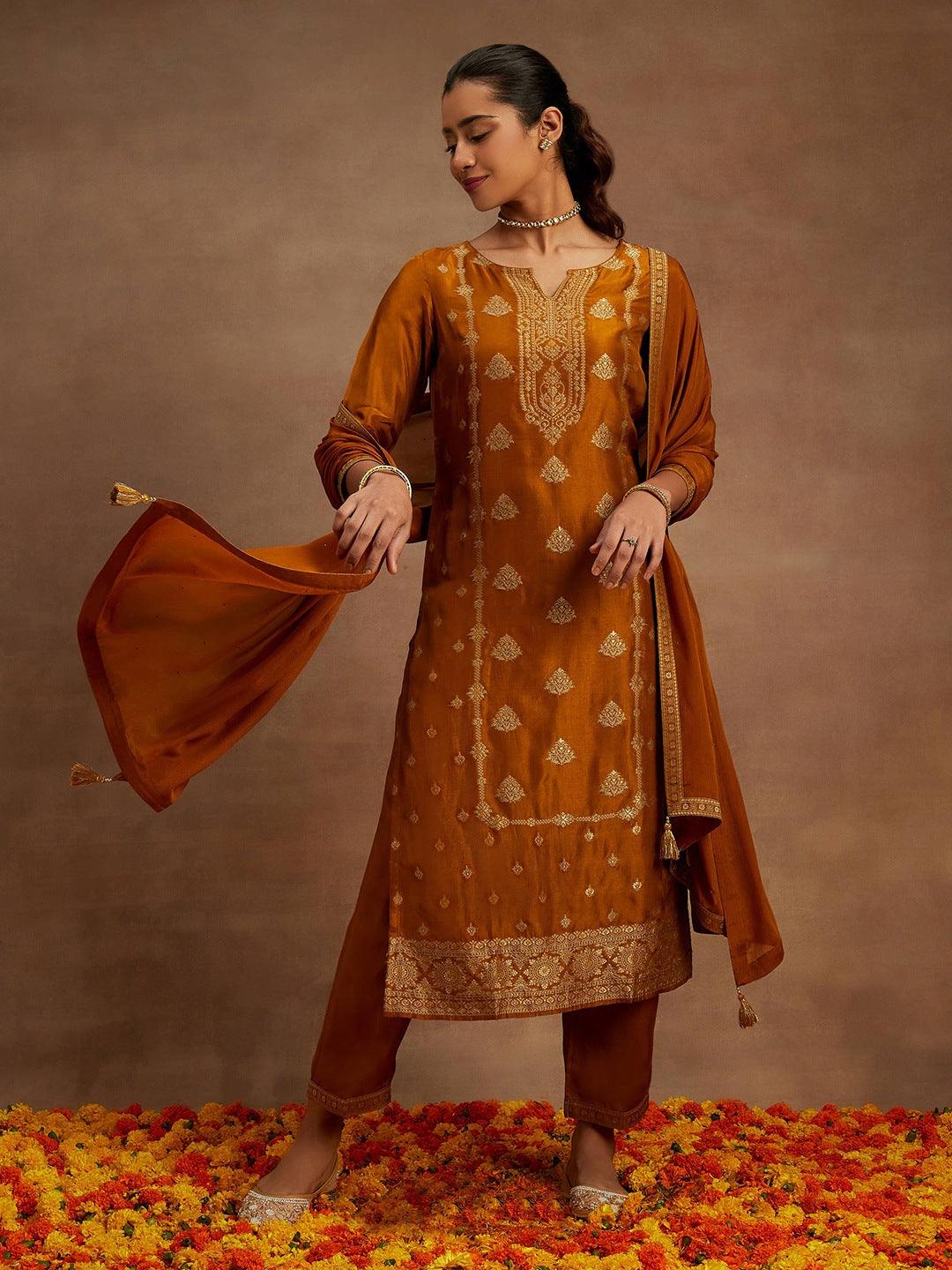 Mustard Woven Design Silk Blend Straight Kurta With Trousers & Dupatta - Libas