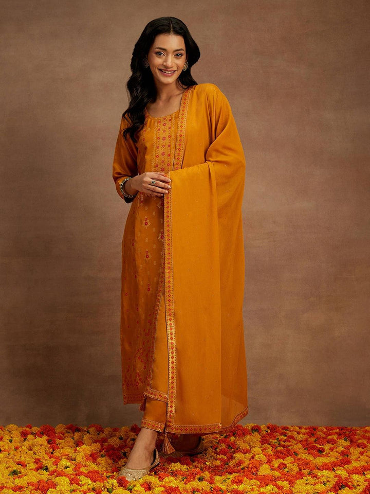 Mustard Woven Design Silk Blend Straight Kurta With Trousers & Dupatta - Libas