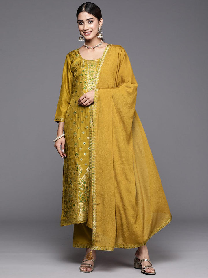 Mustard Woven Design Silk Blend Straight Kurta With Trousers & Dupatta - Libas